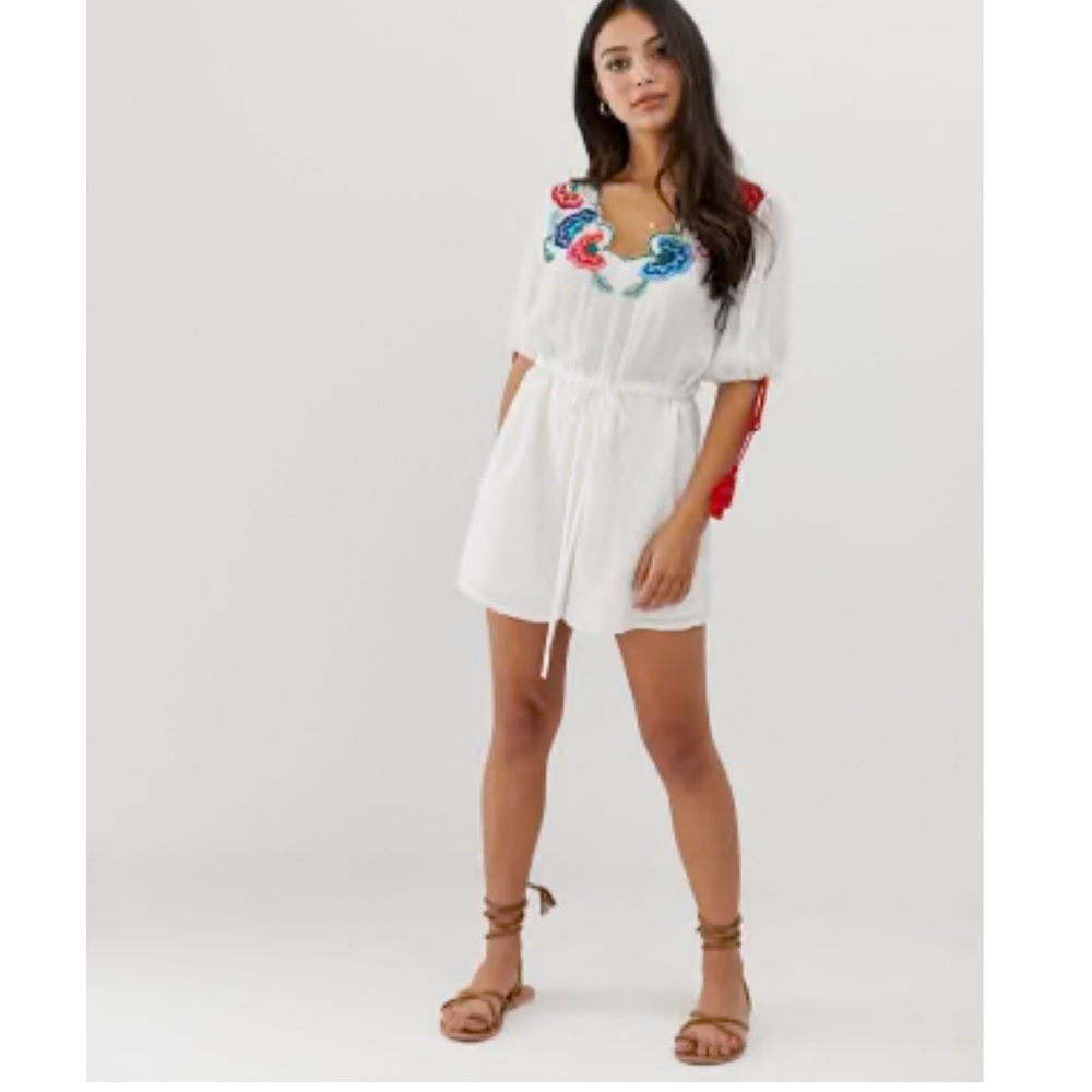 ASOS White Boho romper with Colorful floral  Embroidery Sz 10